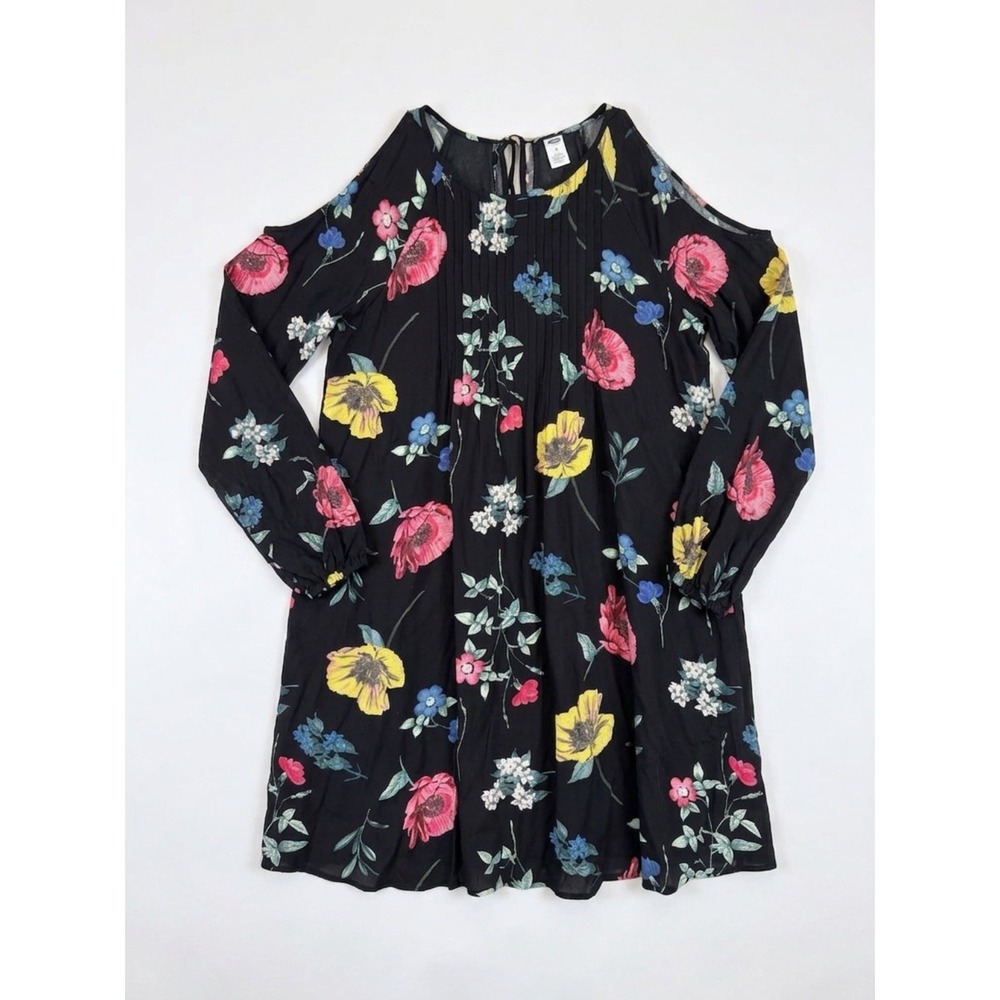 Old Navy Womens Floral Cold Shoulder Mini Dress Black Pink Yellow Size M NWT